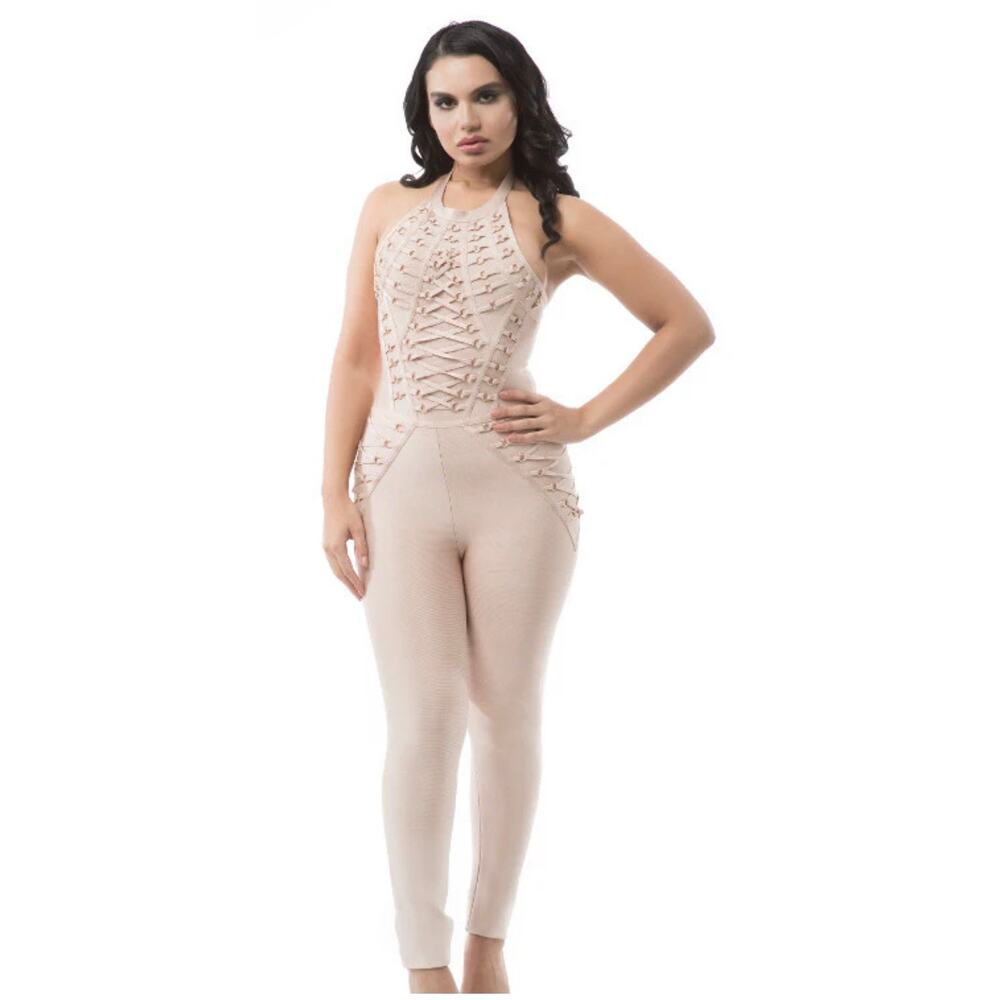 Nude/Neutral Color Lace up Halter Ankle Length Jumpsuit, Size L, NWT